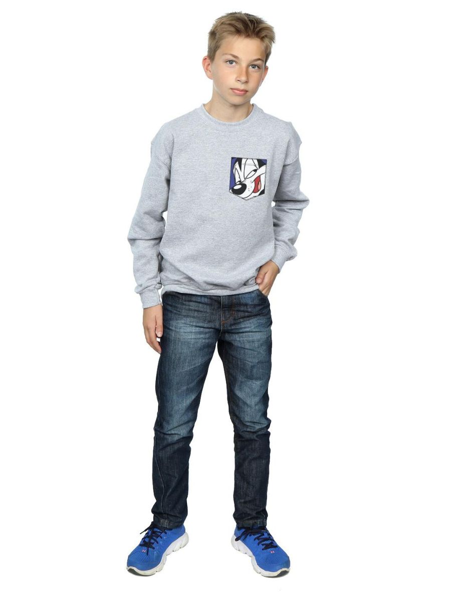 Looney Tunes Boys Pepe Le Pew Face Faux Pocket Sweatshirt - Sports Grey - 3