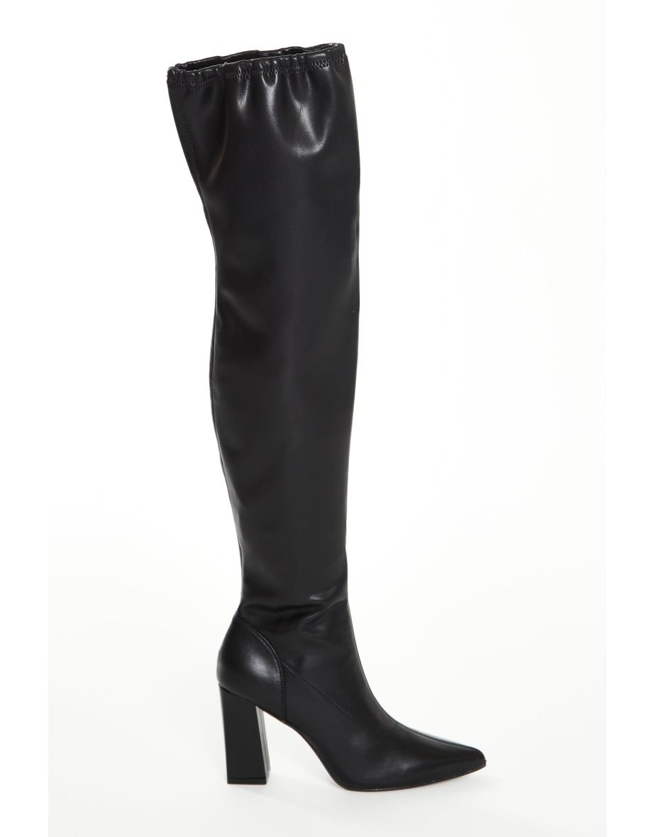 Glamorous Black PU Knee High Block Heel Boots