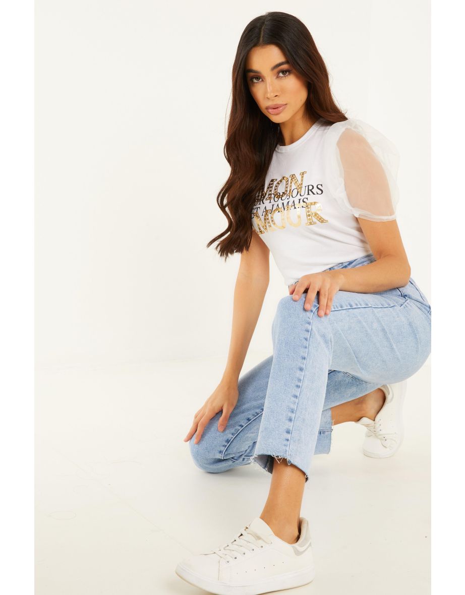 White Slogan Organza Sleeve Top