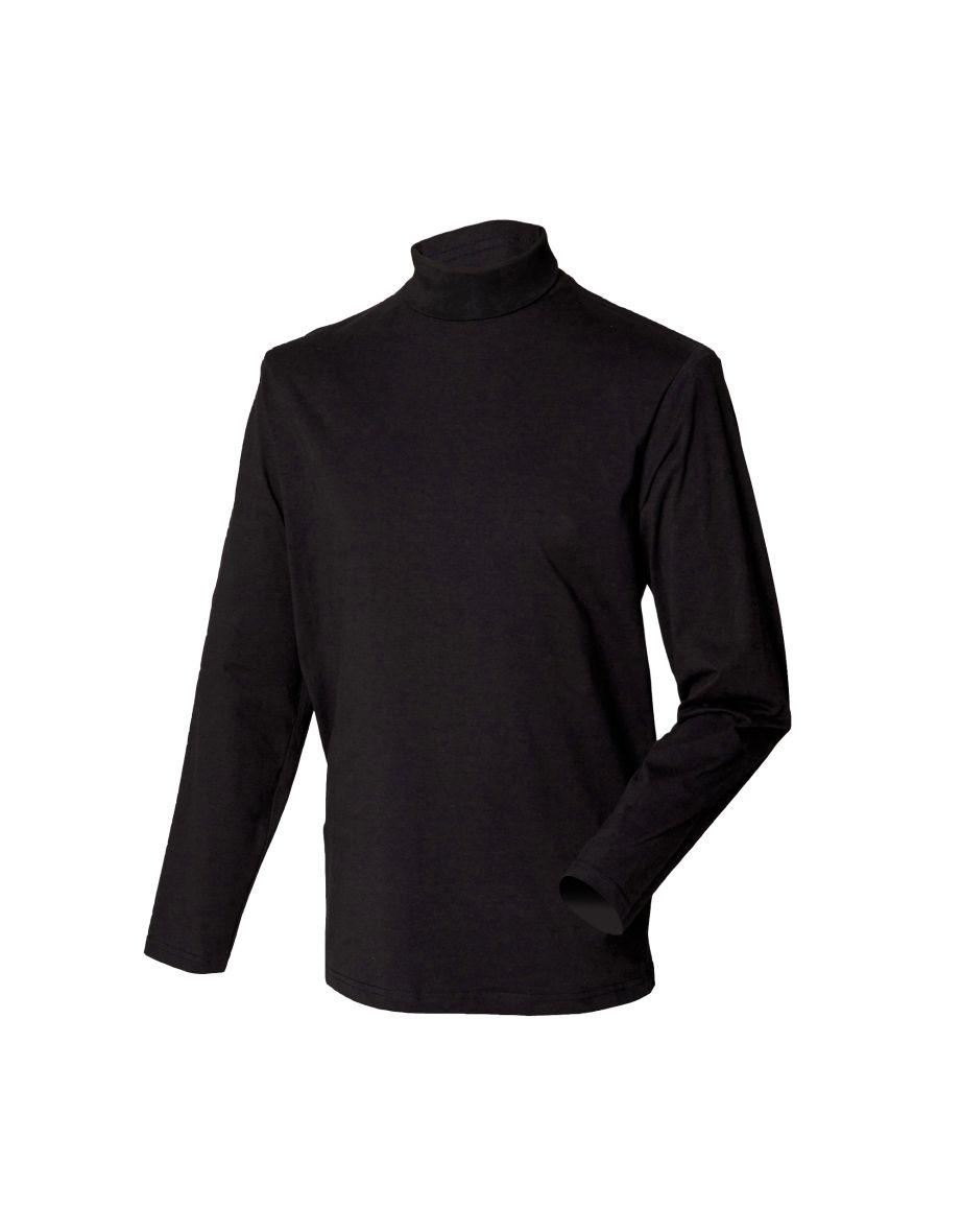 Henbury Mens Long Sleeve Cotton Rich Roll Neck Top / Sweatshirt - Black