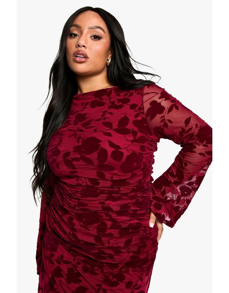 Plus Devore Ruched Floor Length Dress - burgundy - 3