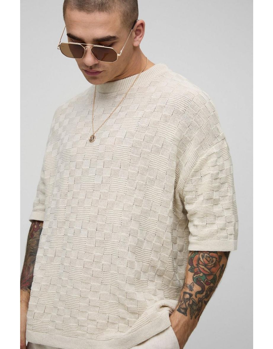 Oversized Geometric Stitch Knitted T-Shirt - stone - 2