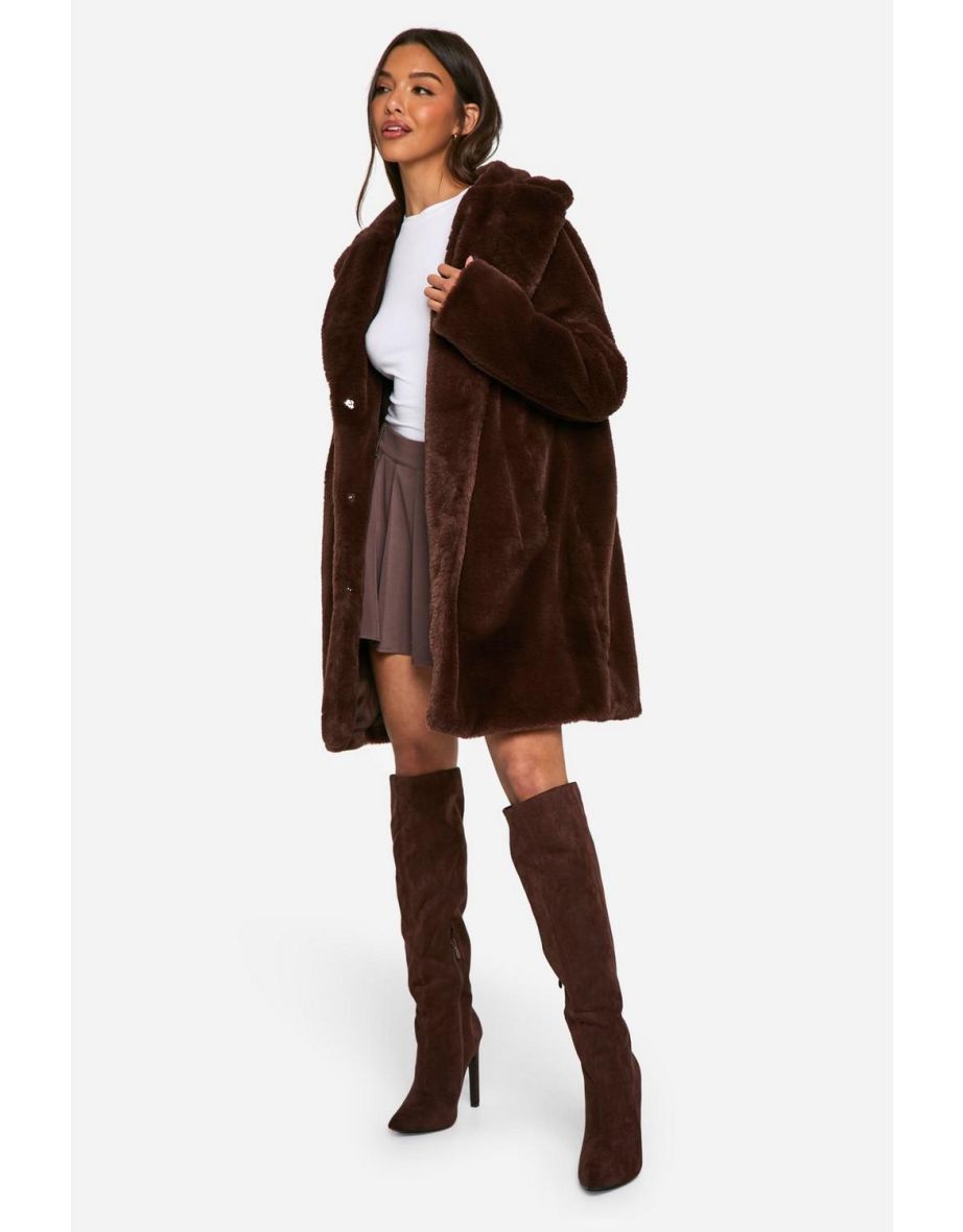 Longline Faux Fur Jacket - chocolate