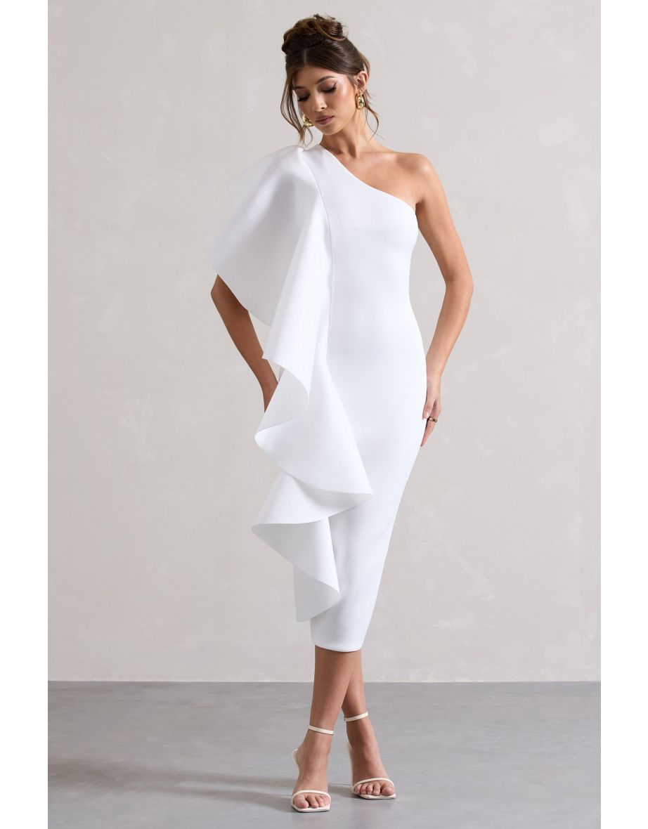 Polo | White Asymmetric Bodycon Midaxi Dress With Ruffle