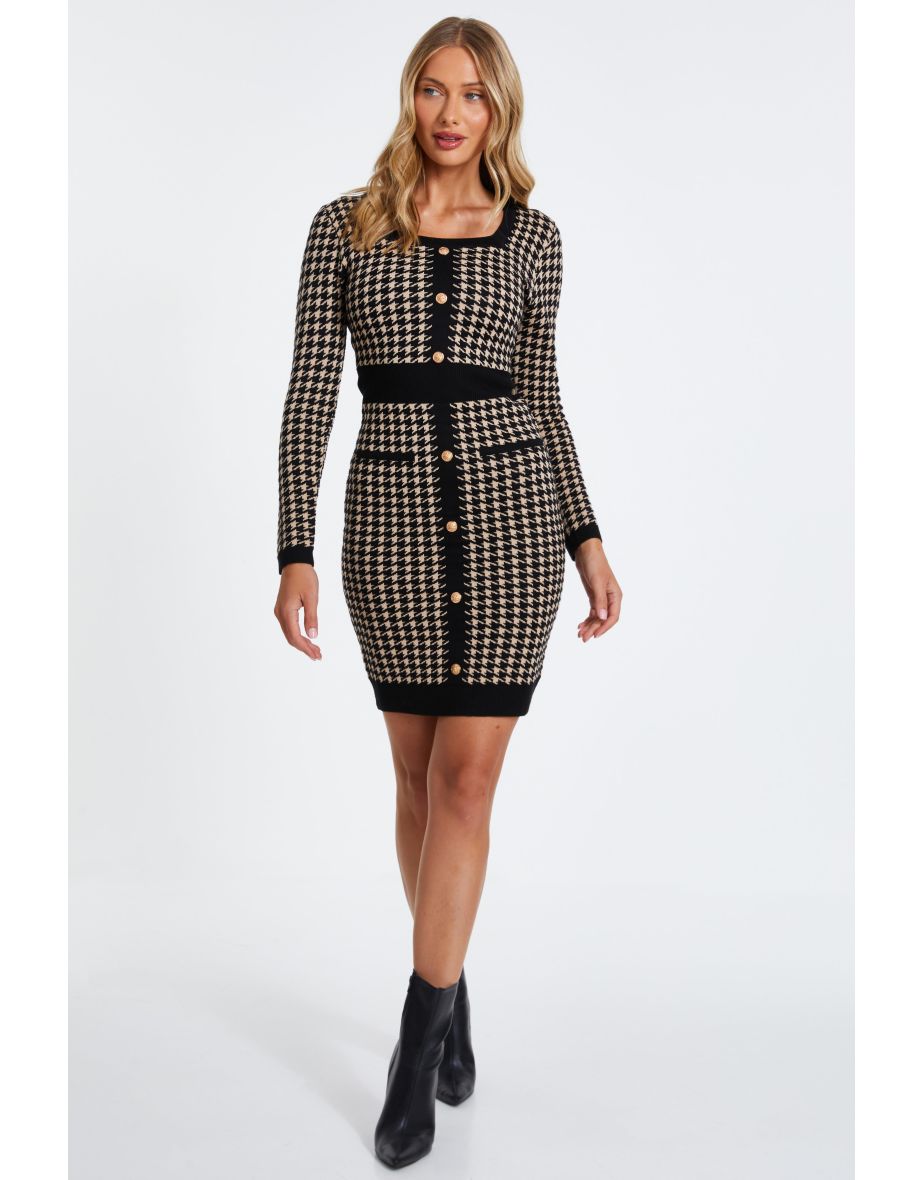 Black Knit Dog Tooth Jumper Dress
