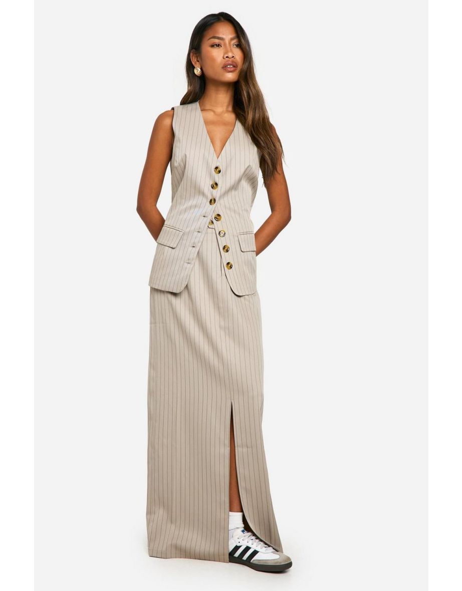 Tonal Pinstripe Split Back Column Skirt