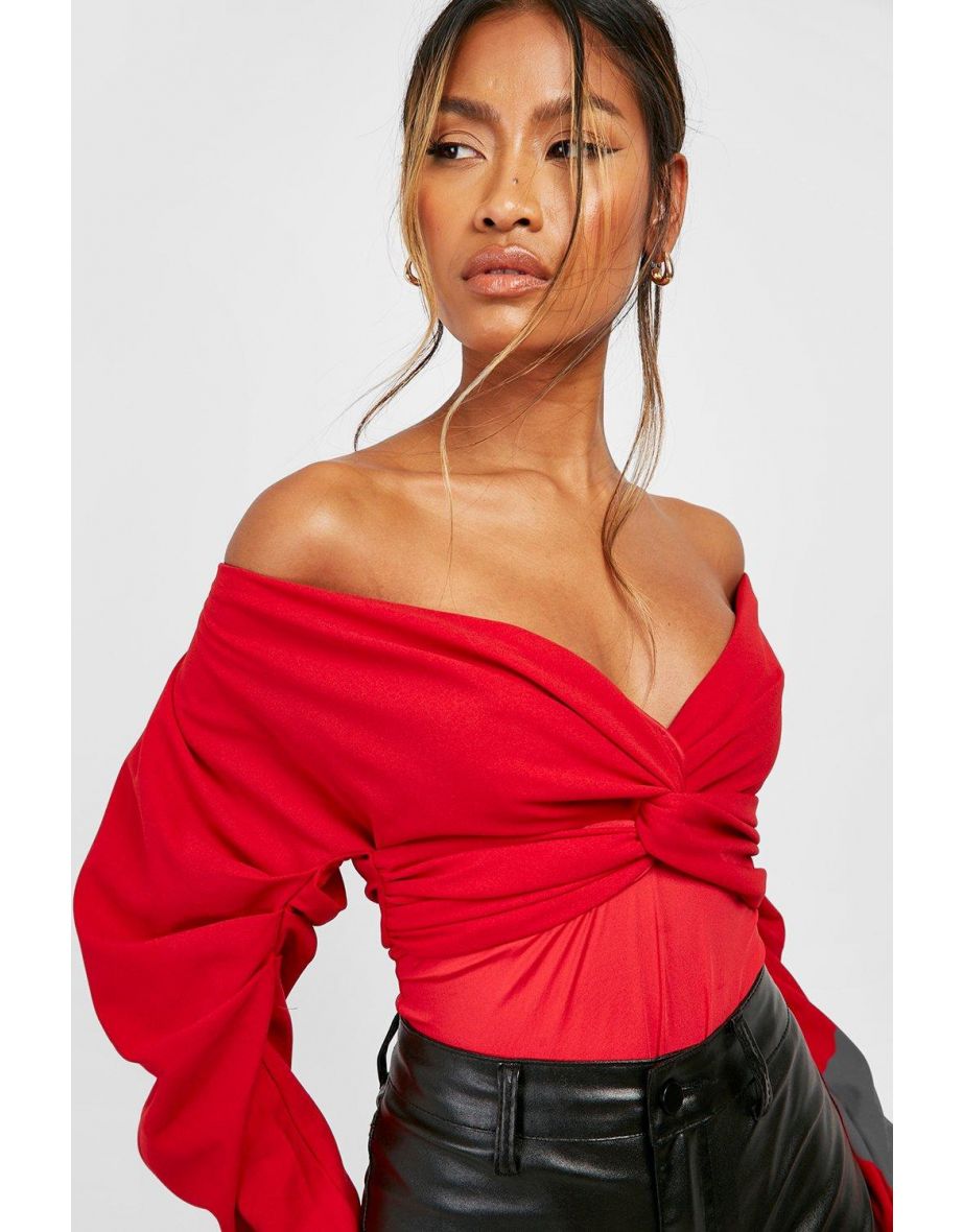 Off The Shoulder Twist Detail Bodysuit - red - 3