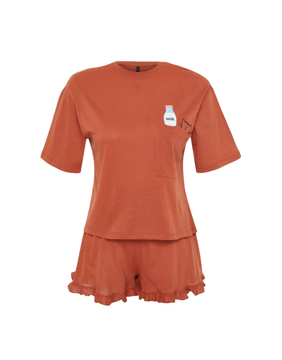 Tile Cotton Printed T-shirt-Shorts Knitted Pajamas Set - 7