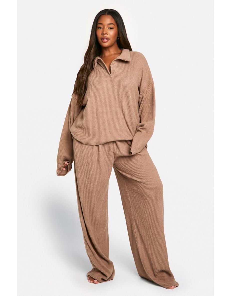 Plus Soft Rib Collared Top & Trouser Lounge Set