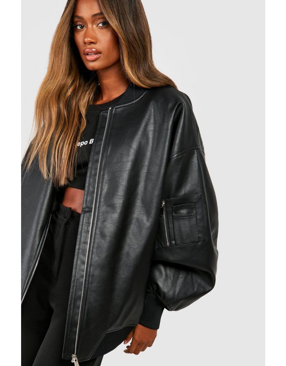 Shop Oversized Faux Leather Bomber Jacket black Online in Oman VogaCloset