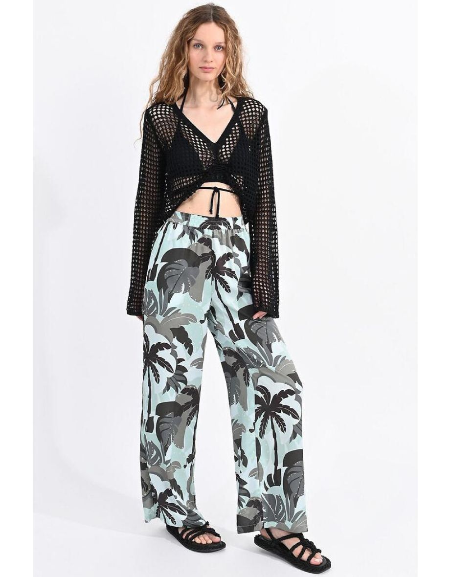 Leaf Print Trousers with Wide Leg