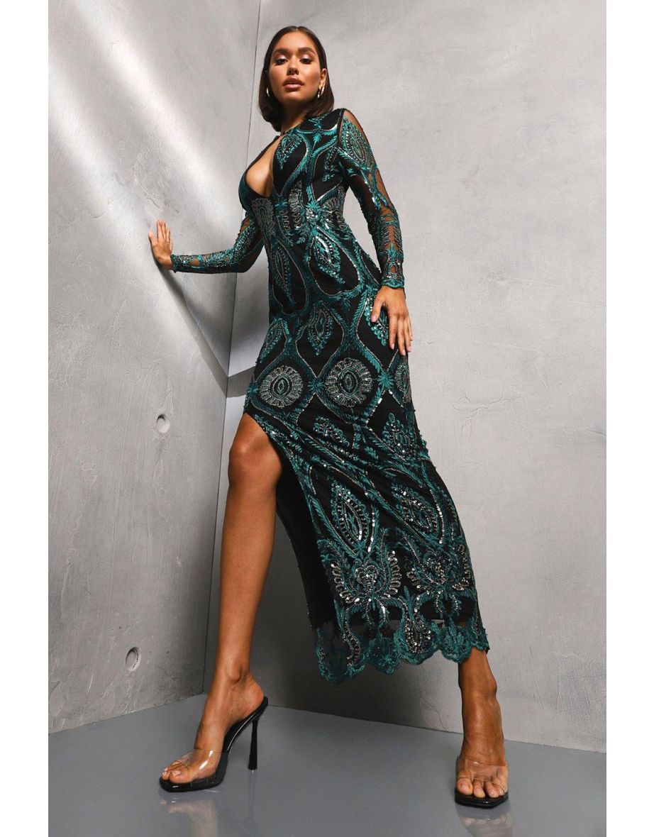 Sequin Damask Plunge Maxi Party Dress - teal - 3