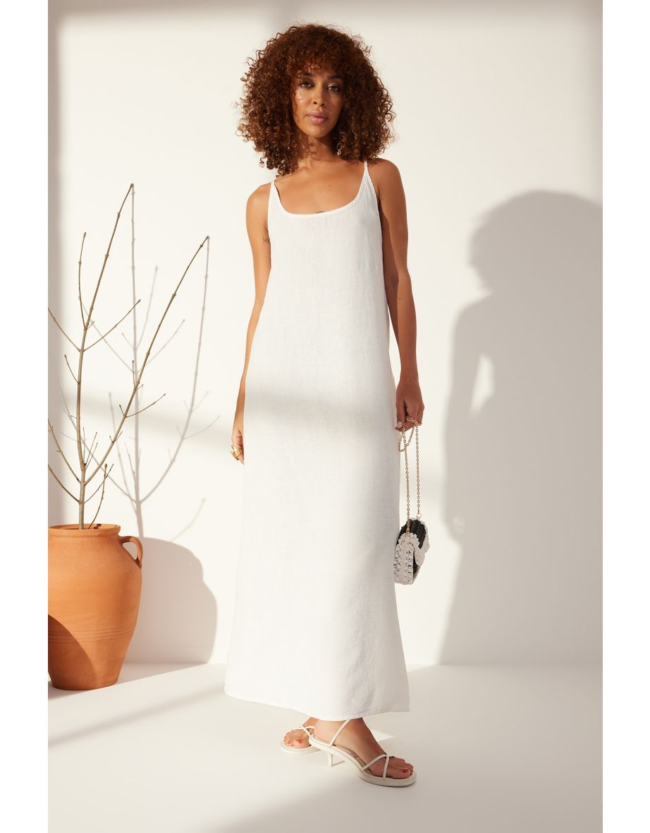 Shop White 100 Linen Back Detail Maxi Dress Online in Bahrain VogaCloset