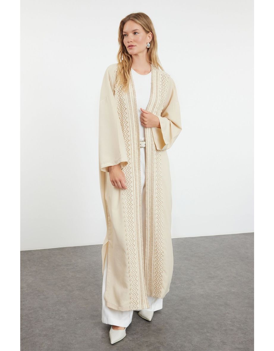 Beige Linen Look Woven Cap & Abaya  with Embroidery Detail