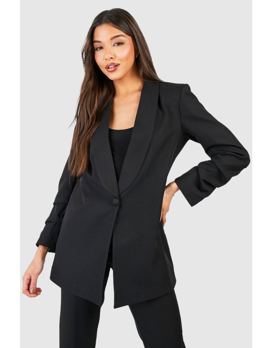 Plunge Front Fitted Ruched Sleeve Blazer - black
