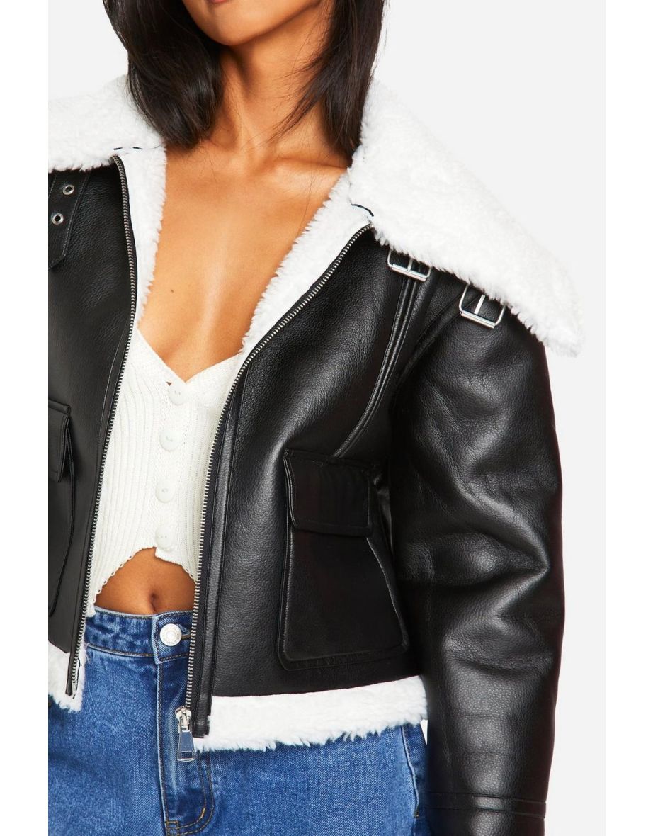 Petite Faux Fur Lined Leather Jacket - black - 3