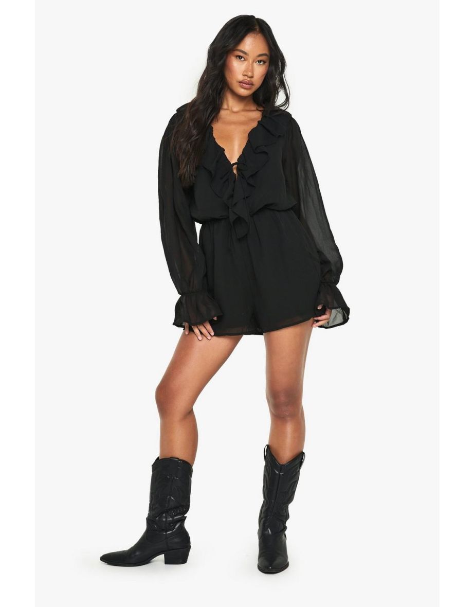 Chiffon Long Sleeve Ruffle Playsuit - black