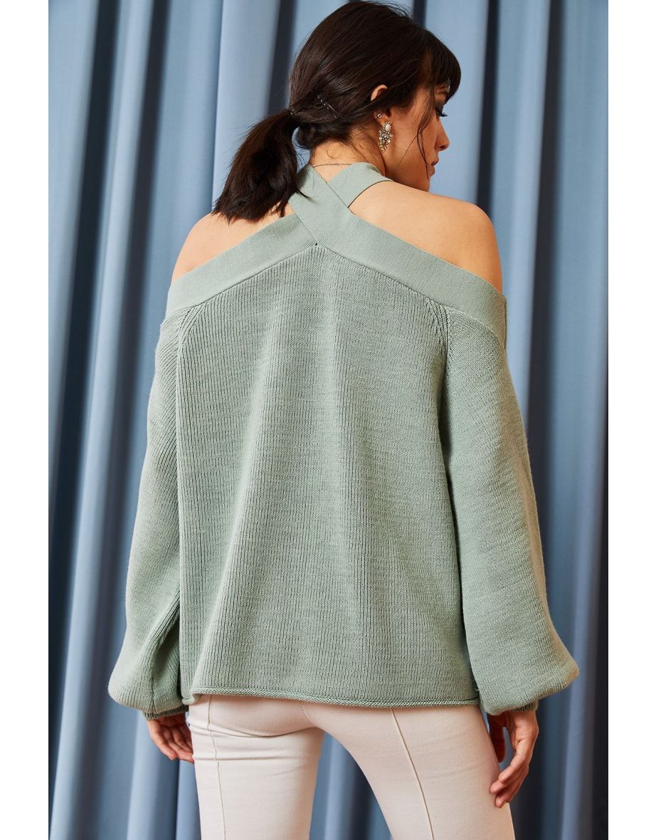 Women's Mint Green Cross Neck Knitwear Sweater - 4