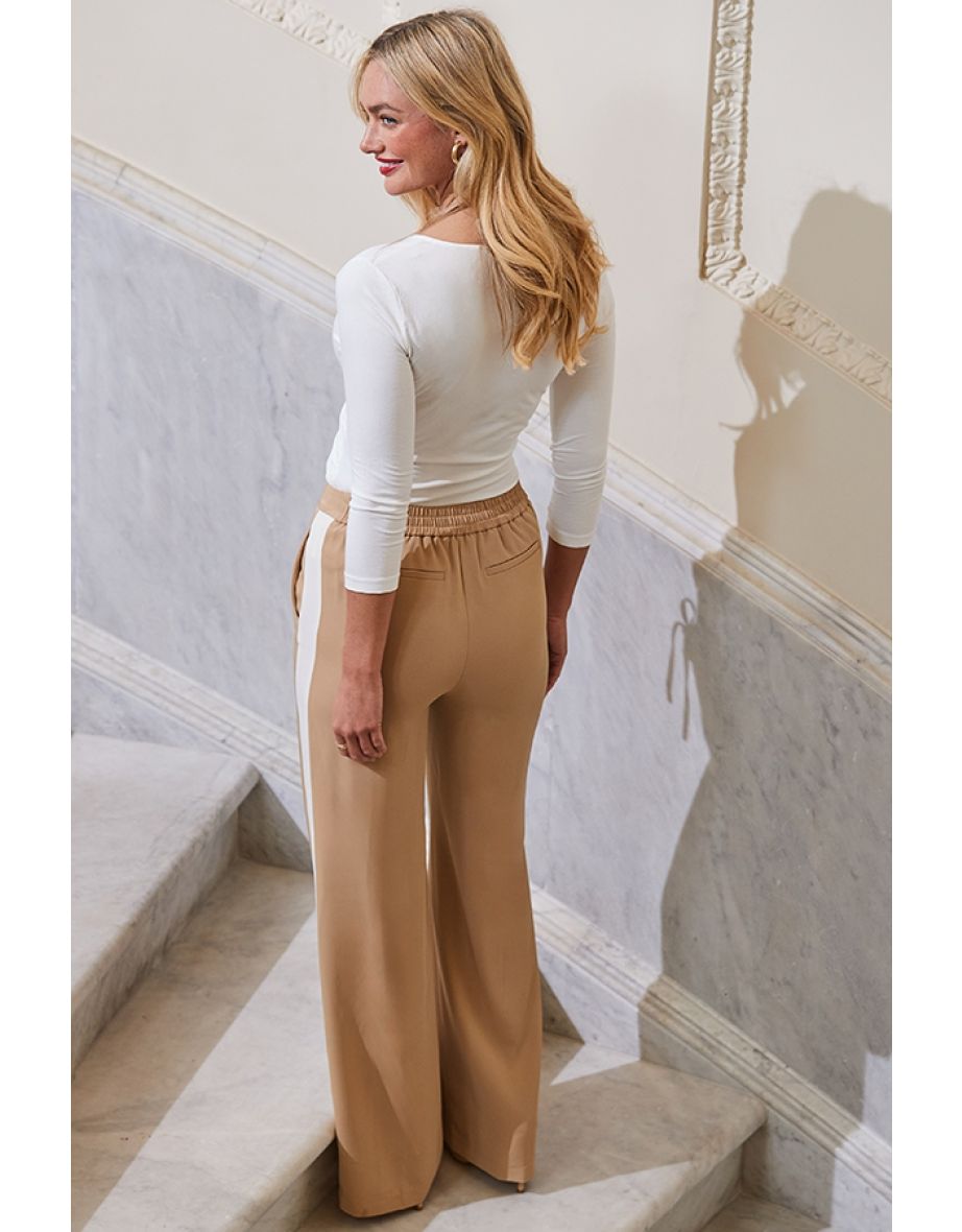 Camel & White Side Stripe Wide Leg Trousers - 4