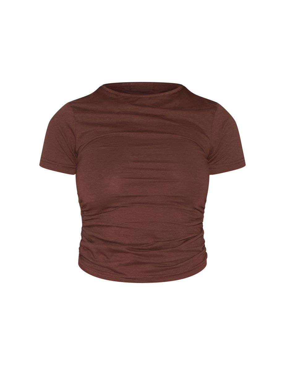 Chocolate Cotton Side Cap Sleeve Ruched Top - 4