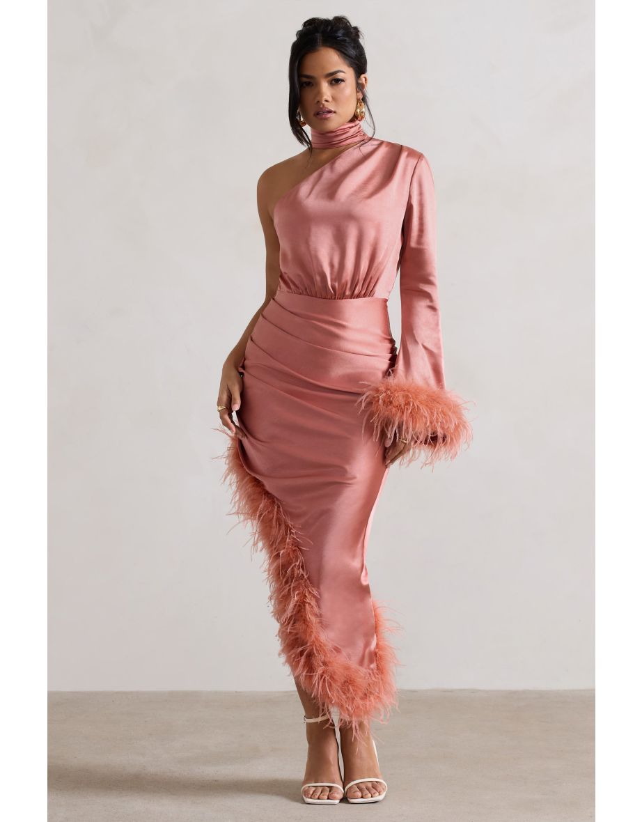 Dolce | Coral Satin Asymmetric Dress With Feather Trims