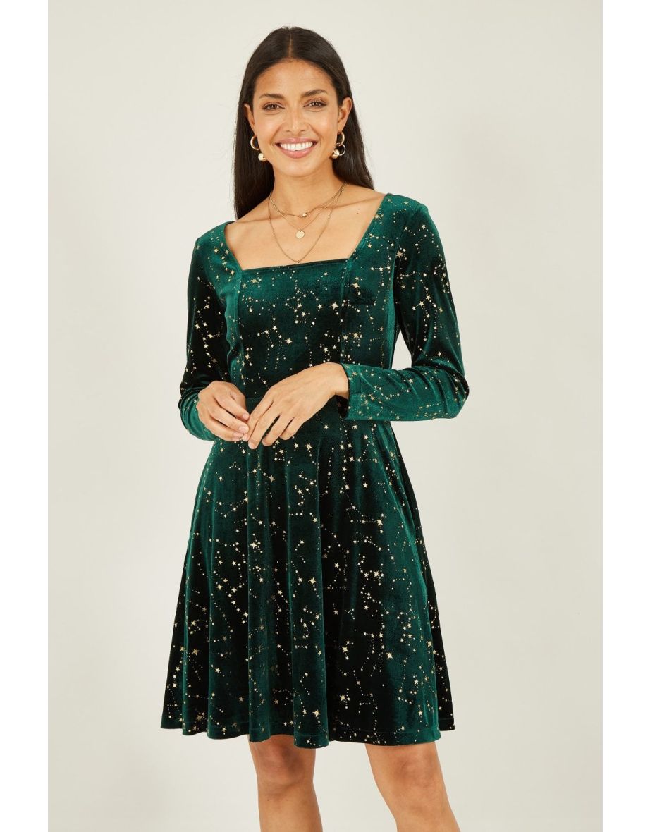 Mela Green Star Foil Print Long Sleeve Skater Dress