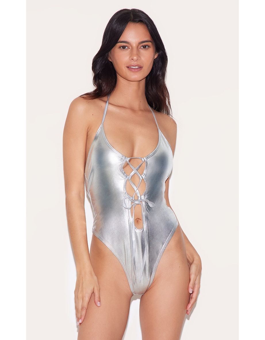 Silver Metallic Cut Out High Leg Swimsuit