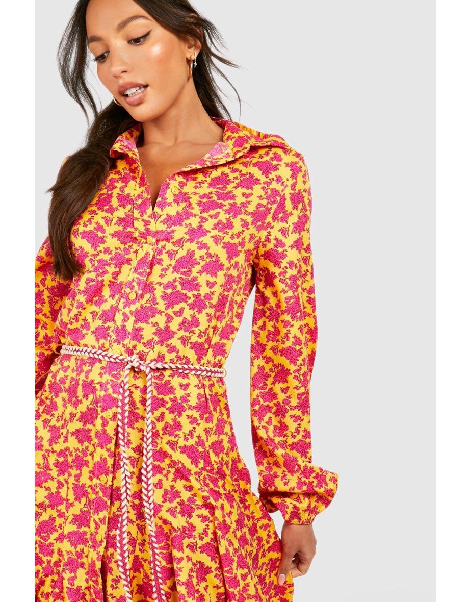 Tall Floral Rope Tie Pleated Shirt Dress - mustard - 3