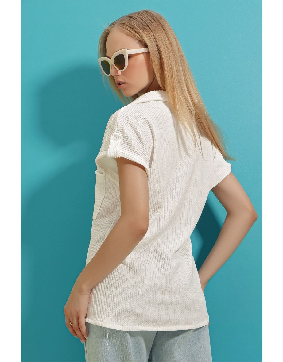 Women's Ecru Cuffed Double Breasted Short Sleeve Textured Shirt - 3