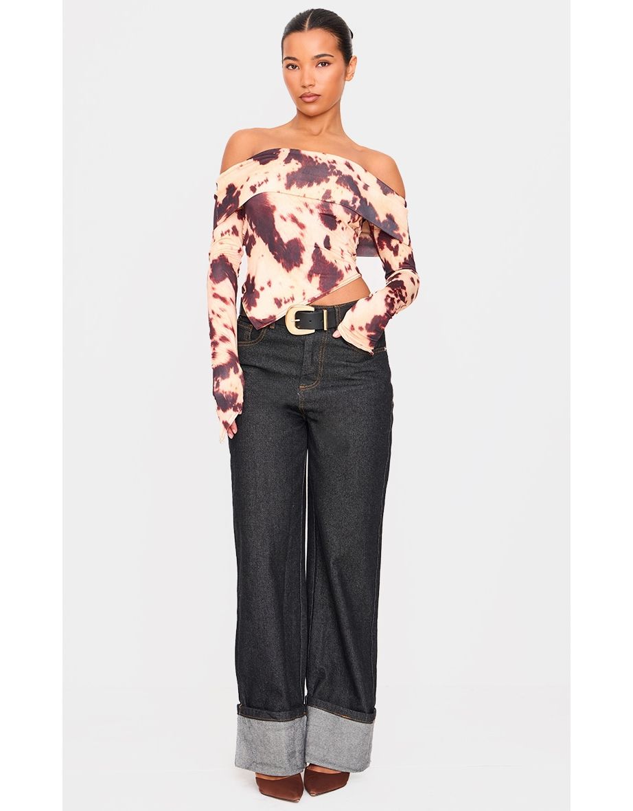 Brown Cow Print Slinky Bardot Asymmetric Long Top