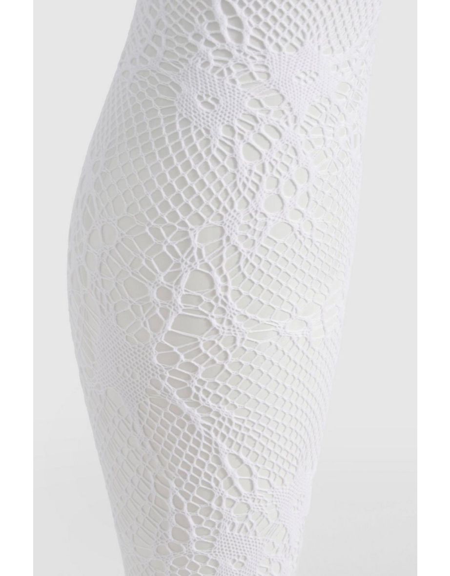 White Lace Detail Fishnet Tights - white - 2