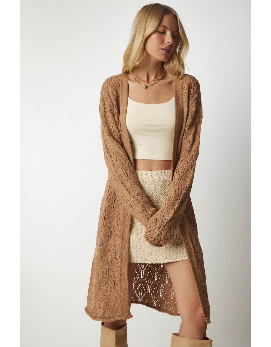 Women's Biscuit Long Knitwear Cardigan with Openwork