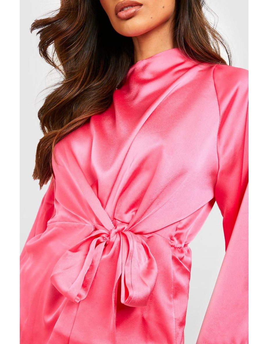 Satin Flute Sleeve Knot Front Blouse - hot pink - 3