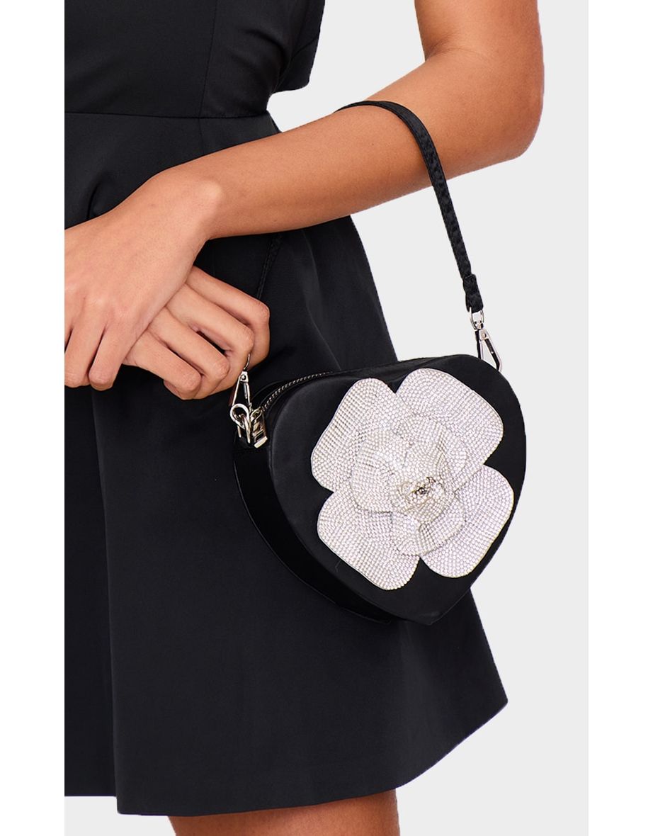 Black Satin Heart Shape Diamante Flower Handbag