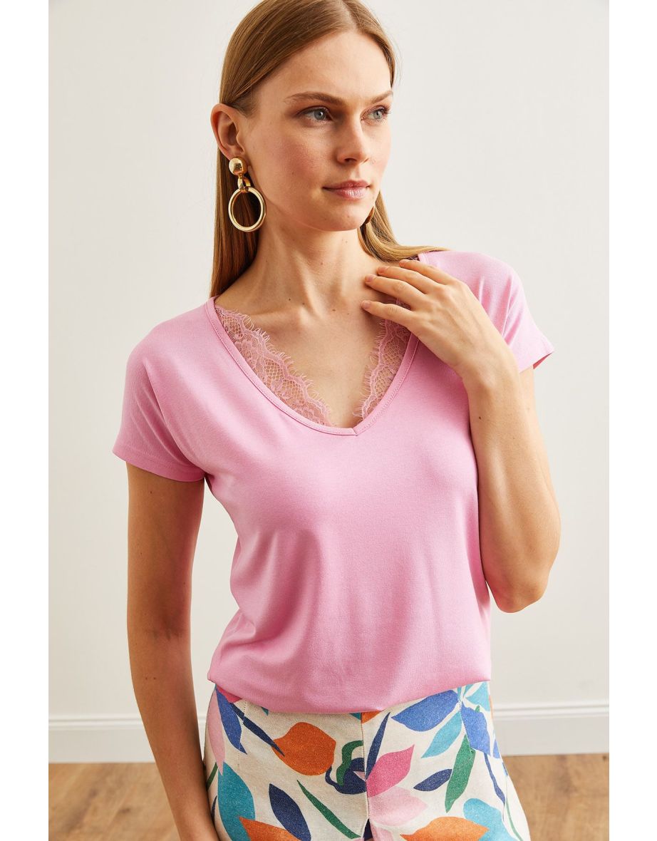 Women's Candy Pink Collar Lace Loose Viscose Blouse - 6