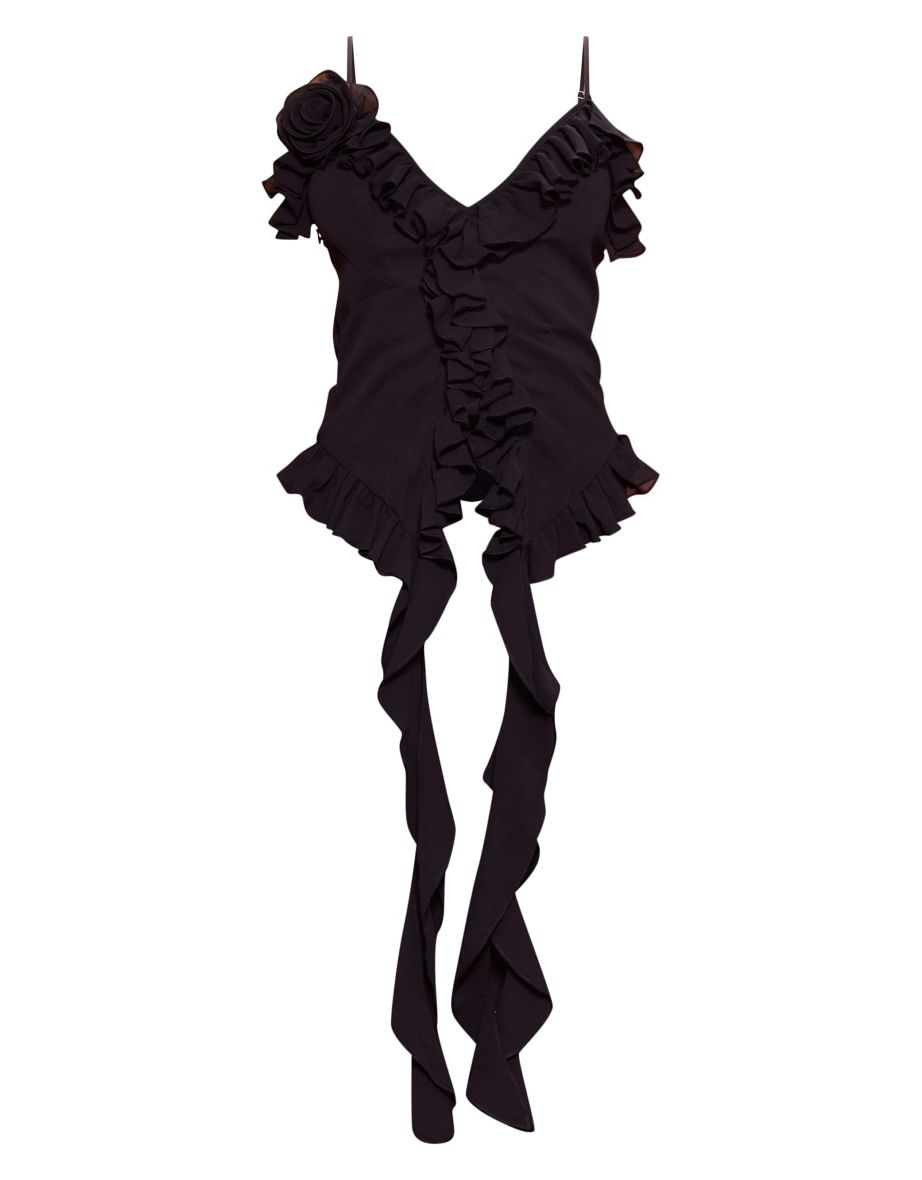 Black Chiffon Floral Applicate Frill Crop Top - 4