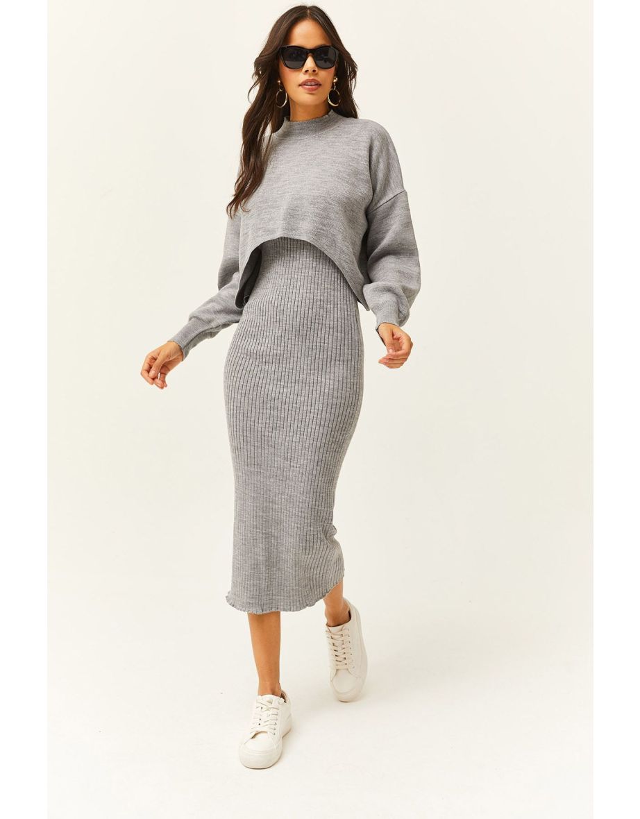 Women's Gray Top Crop Sweater Bottom Strap Dress Knitwear Suit