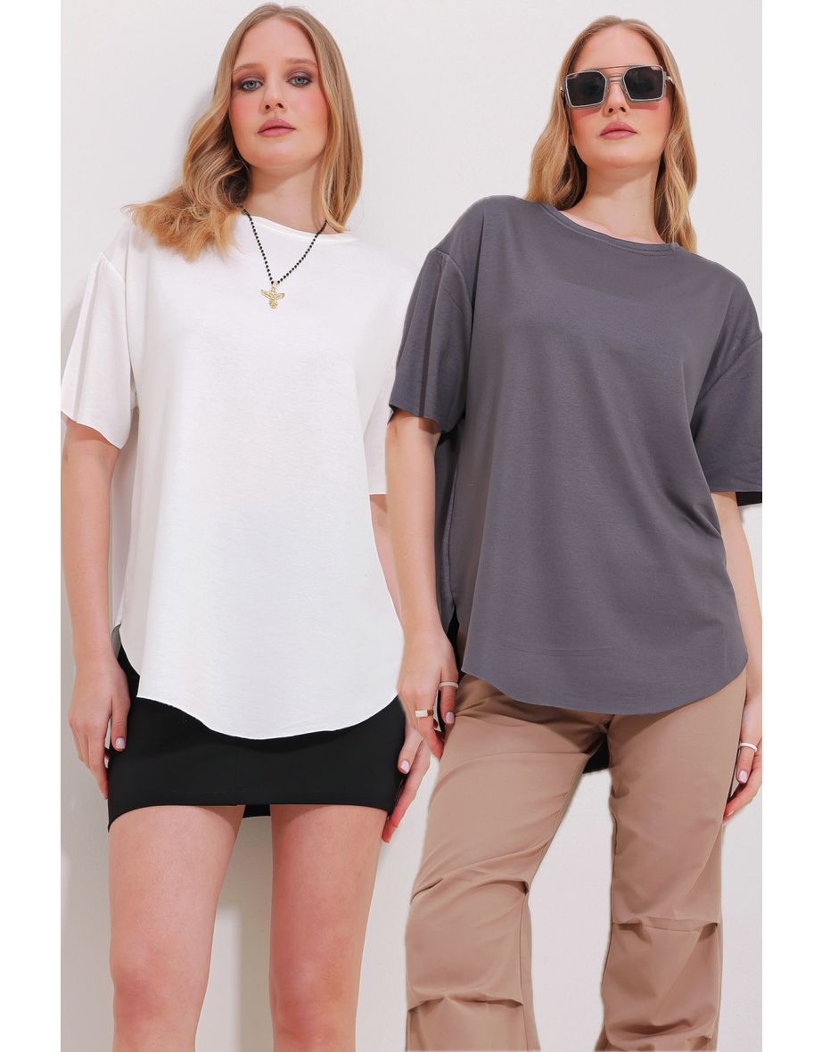 Women's White Anthracite Crew Neck 2-Pack Oval Cut Modal T-Shirt