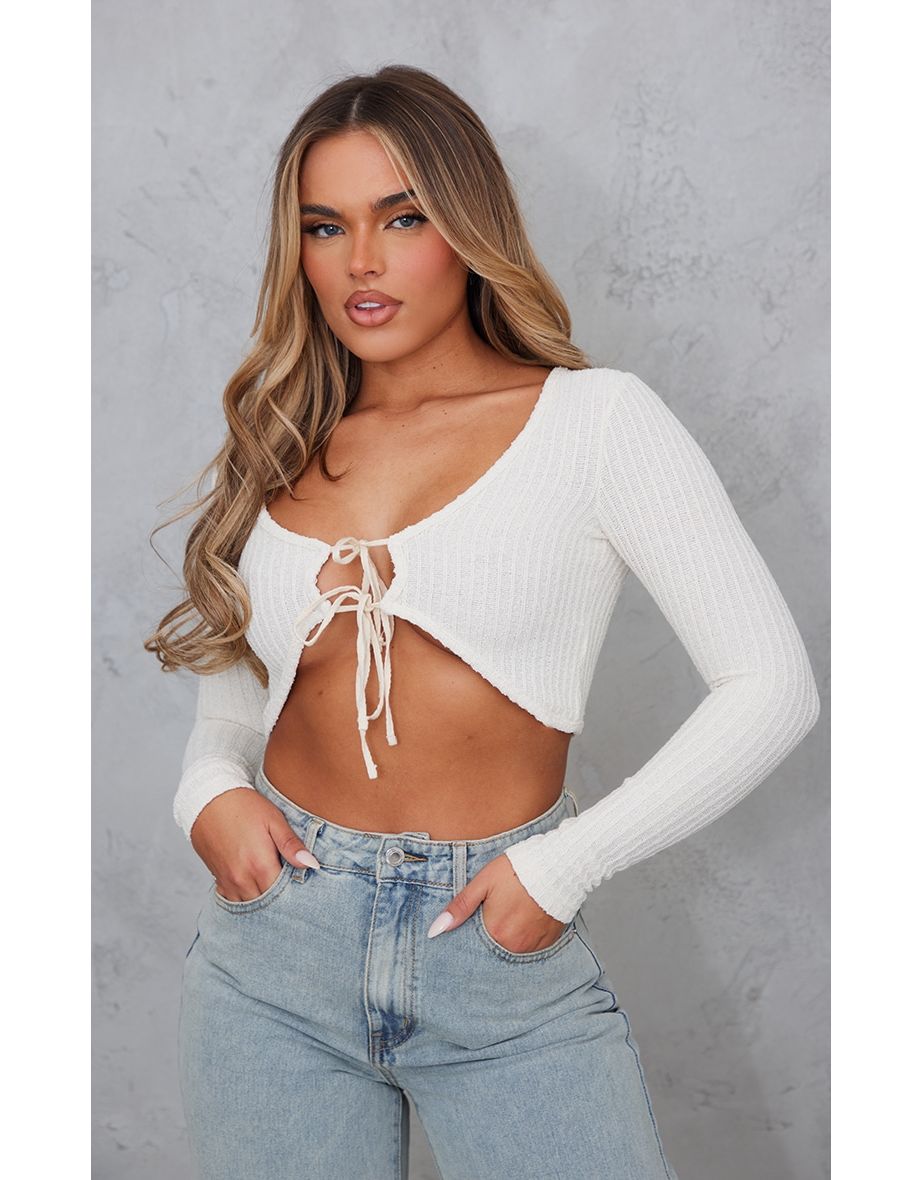 Cream Textured Tie Front Long Sleeve Crop Top