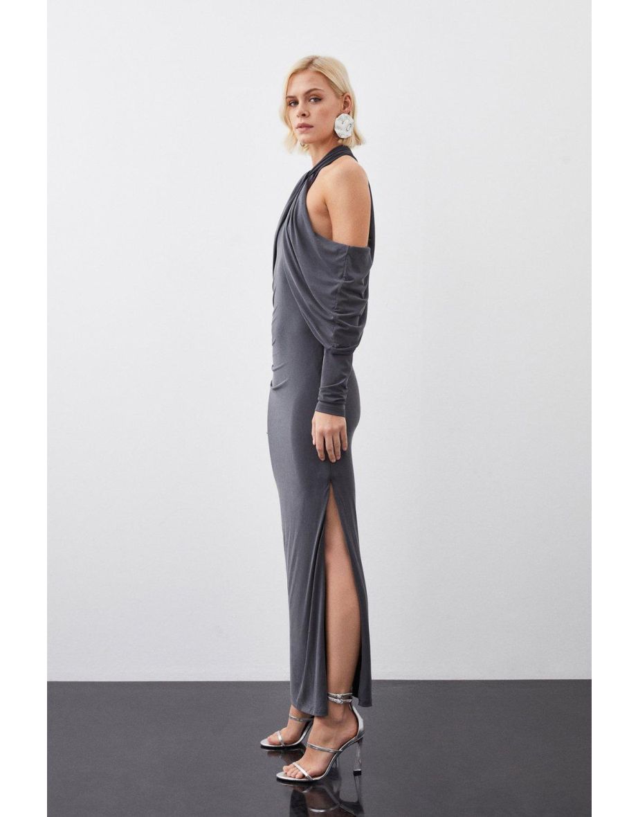 Grey Petite Halter Neck Column Maxi Dress with Long Sleeve - 2
