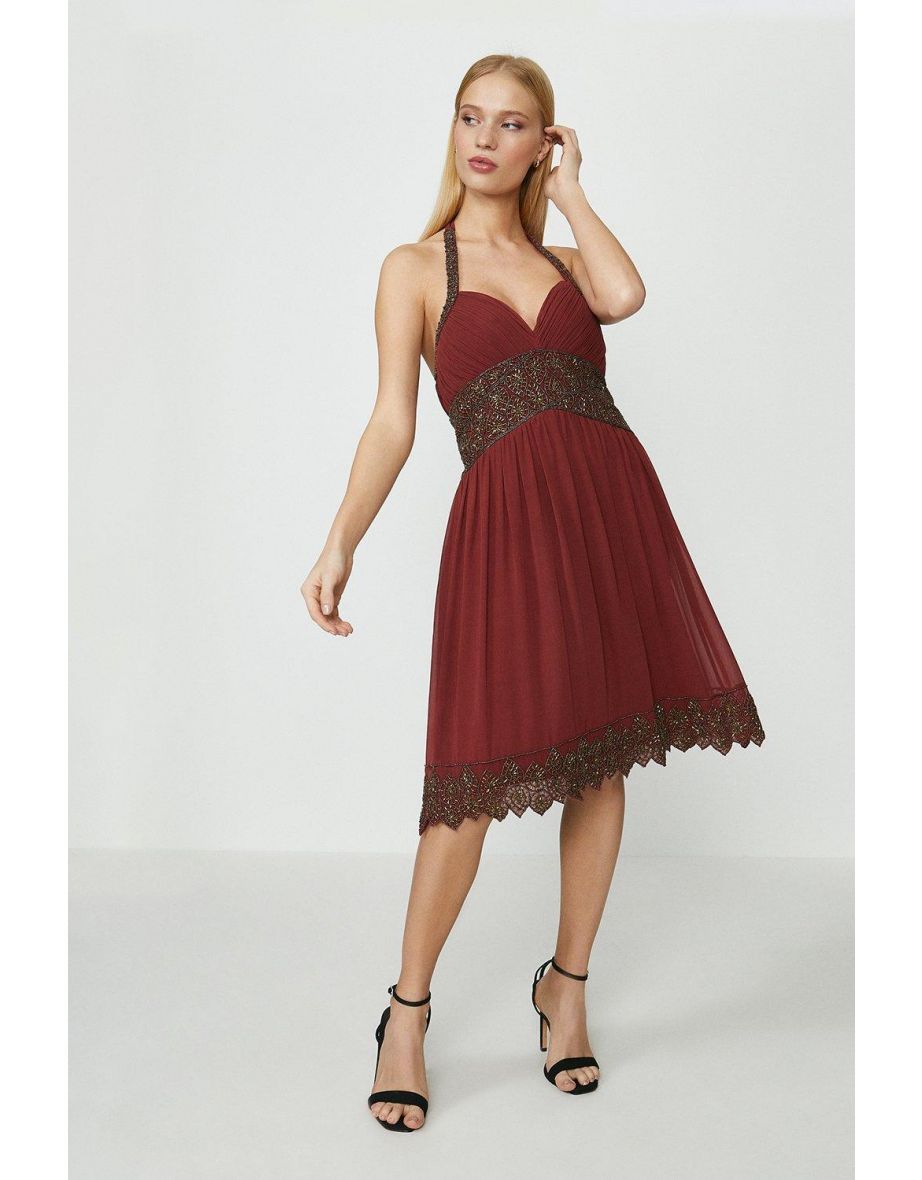 Beaded Halter Pleat Dress