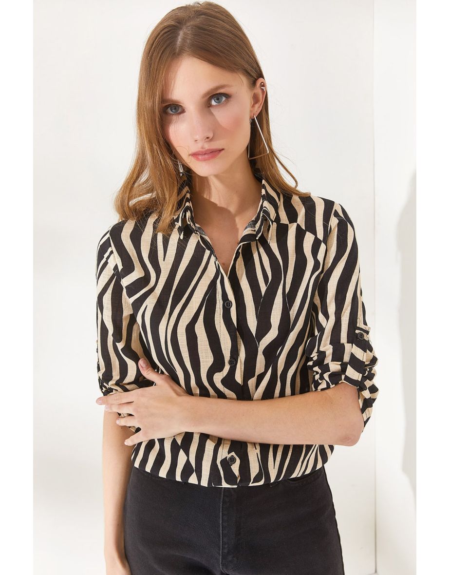 Women's Zebra Black Fold Sleeve Linen Shirt