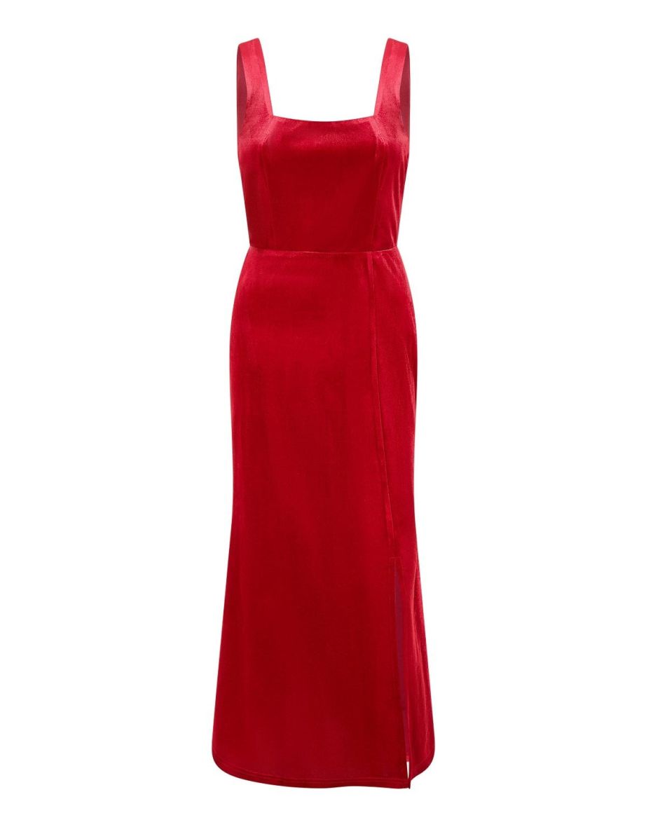 Mela Red Velvet Fitted Midi Dress - 6