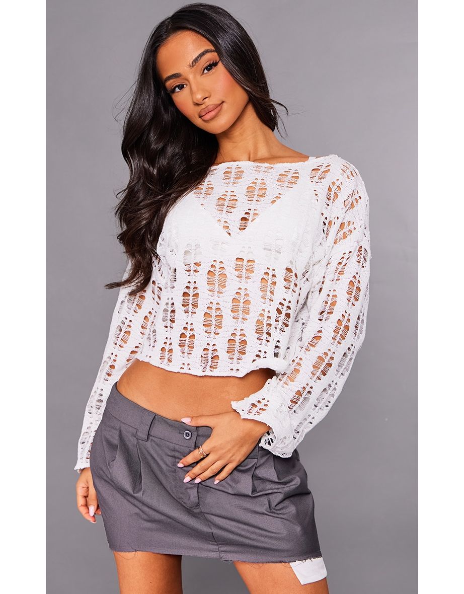 Petite Cream Distressed Cropped Jumper