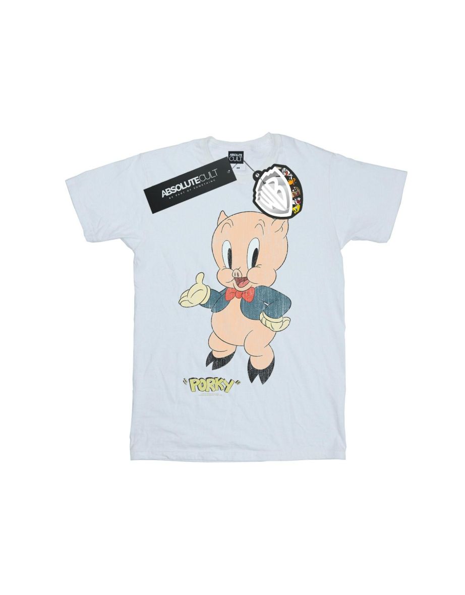 Looney Tunes Mens Porky Pig Distressed T-Shirt - White