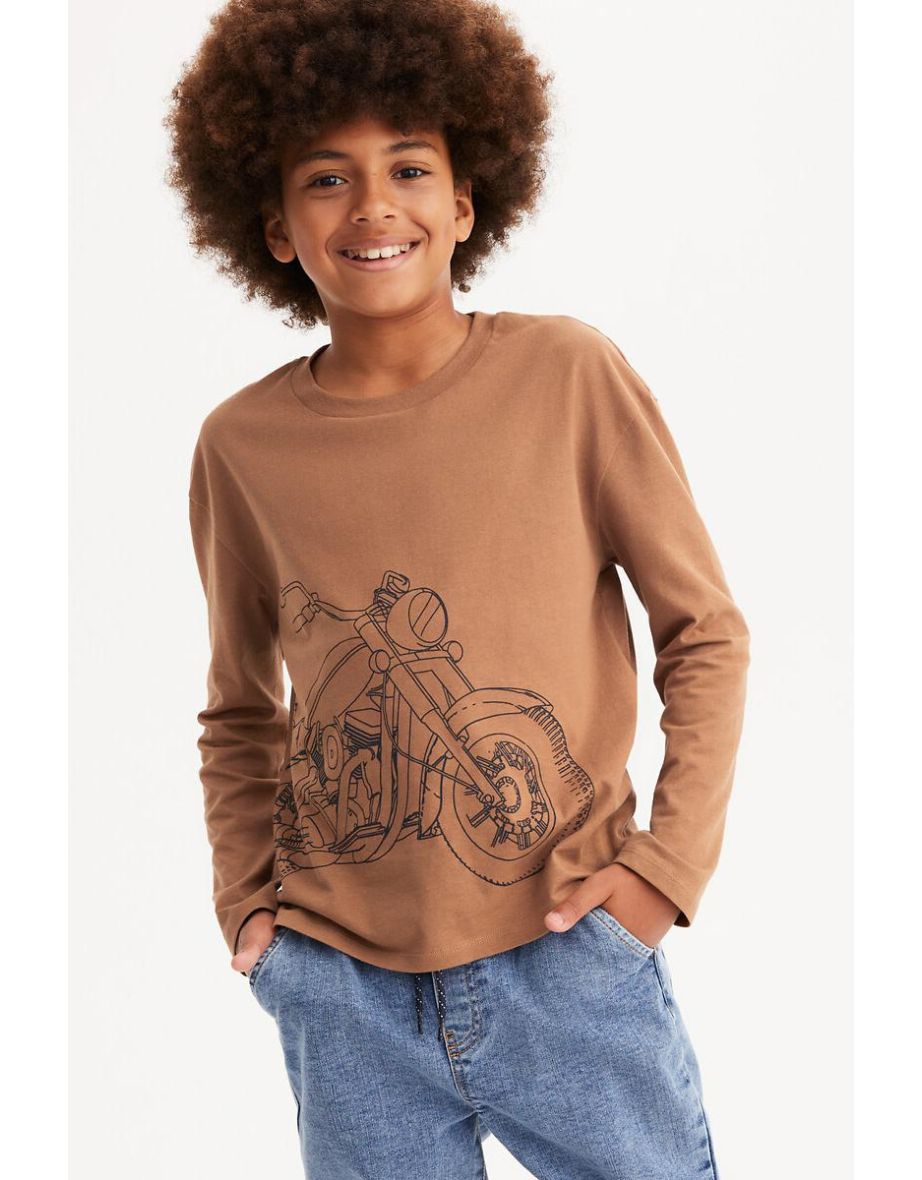Motorbike Print Cotton T-Shirt with Long Sleeves
