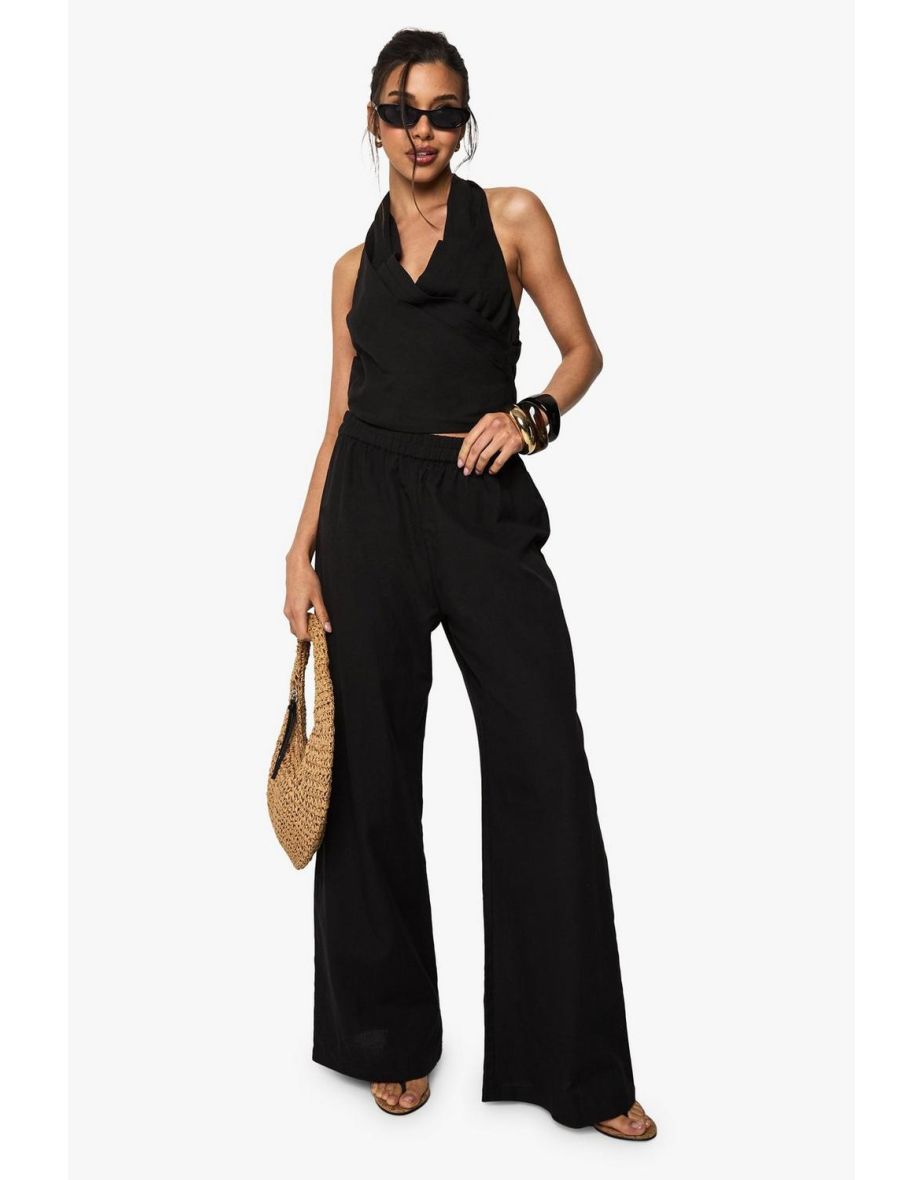 Linen Look Wrap Front Crop Top - black