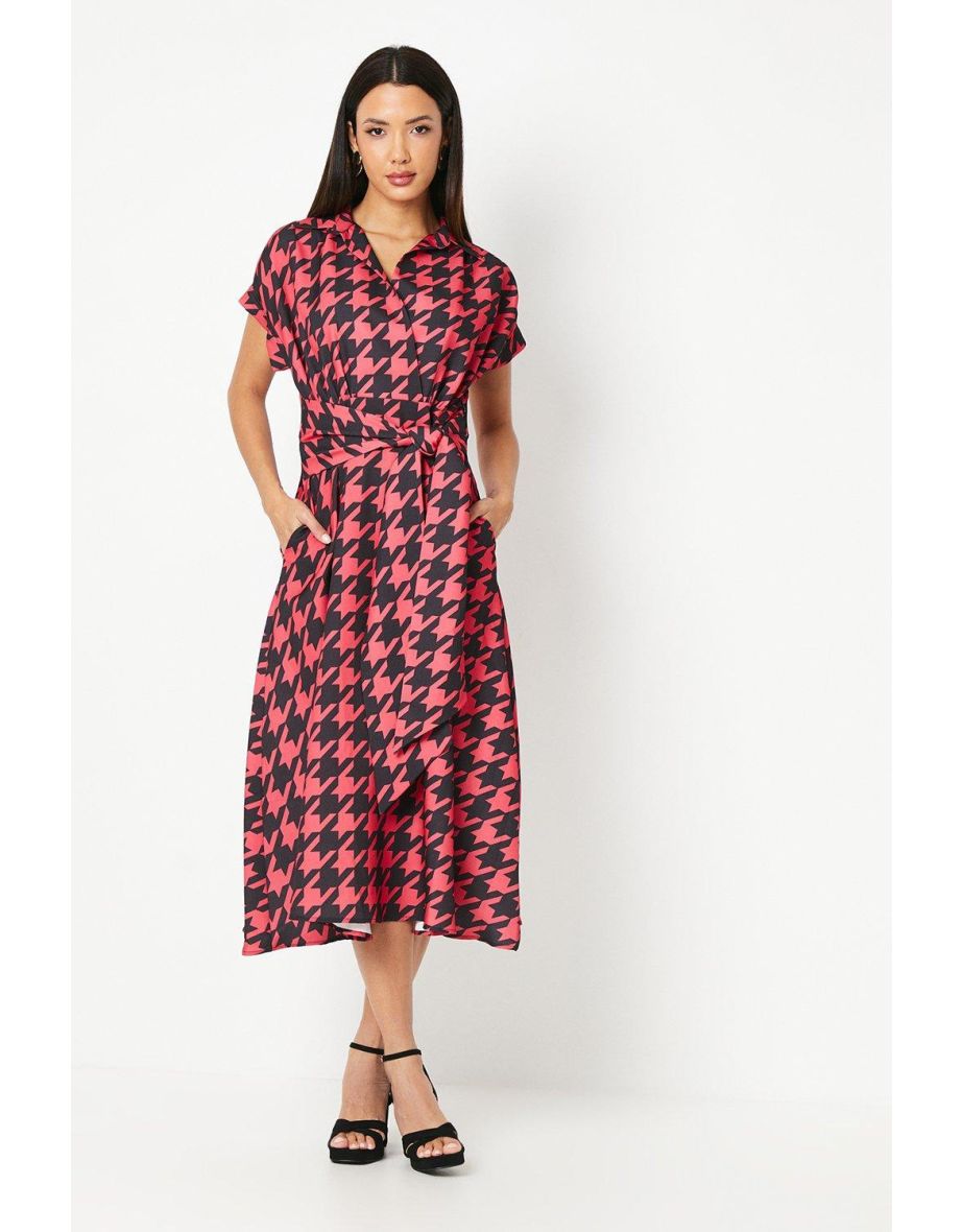 Dogtooth Print Front Tie Shirt Midi Dress