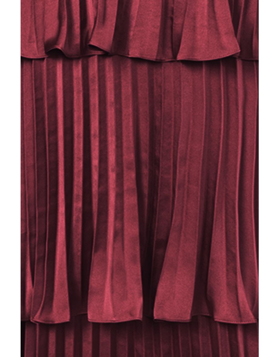 Beatrice Burgundy Satin Pleated Tiered Dress - 4