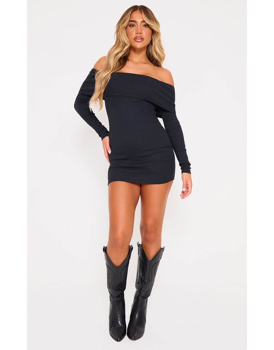 Black Rib Foldover Bardot Bodycon Dress
